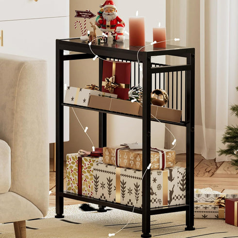 3-Tier End Table for Small Space, Narrow Side Table with Magazine Holder, Nightstand, Skinny Snack Couch Table