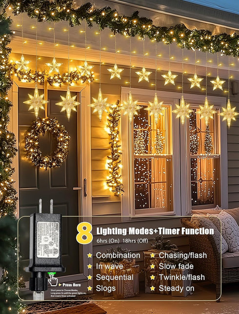 126 Lights,7.8ft in,8 LED Star Icicle Connectable Window Curtain Lights Plug Lighting Modes Timer Bethlehem Star