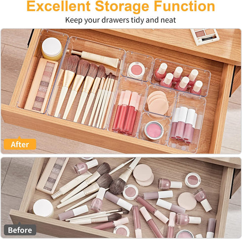 SMARTAKE 28 Piece Drawer Organizers with Non-Slip Silicone Pads, Clear Storage Tray for Makeup, Jewelry, Utensils