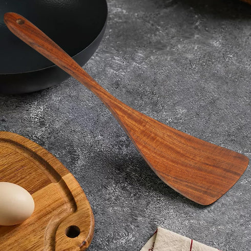 Wooden Spatula with Long Handle, Acacia Wood Flat Wok Spatula for Nonstick Cookware