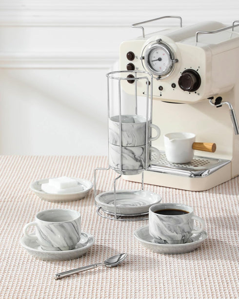 4 OZ Set 4, Set MALACASA Porcelain Espresso Cups with Saucers and Metal Stand of Stackable Cappuccino Cups, Marble Gray