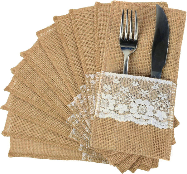 FQTANJU 50 PCS Burlap Lace Utensil Cutlery Holders Pouch for Rustic Wedding Party Decorations, 4"x8"