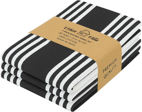 Urban Villa 100% Cotton Kitchen Towels Pack of 3, Highly Absorbent Quick Drying Soft Dish Towels, 20x30 Inch, Black &