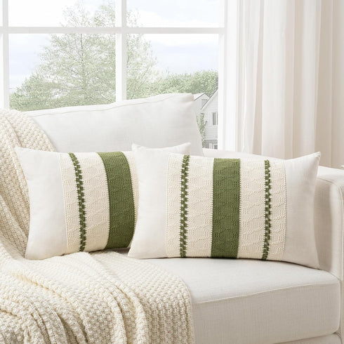 Fancy Homi Set of 2 Boho Moss Green Long Lumbar Decorative Throw Pillow Cover