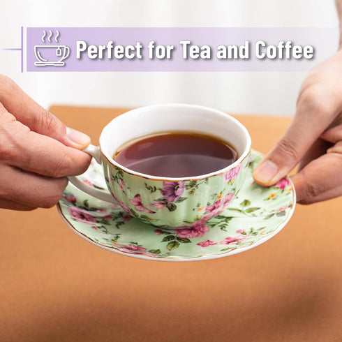 Set 6 (7 oz), Set 6, BTaT- Floral Tea Cups and Saucers of Porcelain Tea Cups of Modern Midnight Floral Design with Gold