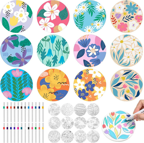 Potchen 12 Pcs Flower Coasters Color Your Own Coaster Ceramic DIY Kits