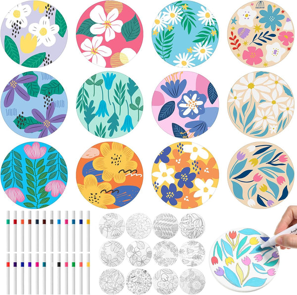 Potchen 12 Pcs Flower Coasters Color Your Own Coaster Ceramic DIY Kits