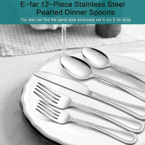 E-far 12-Piece Dinner Spoons Set, 7.9 Inch Stainless Steel Silverware with Pearled Edge, Mirror Polished & Dishwasher