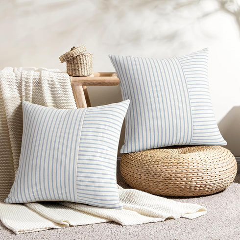 24x24, Set 2, YCOLL Farmhouse Pillow Covers Modern Accent Square Throw Pillow Covers of Light Blue and Beige Striped