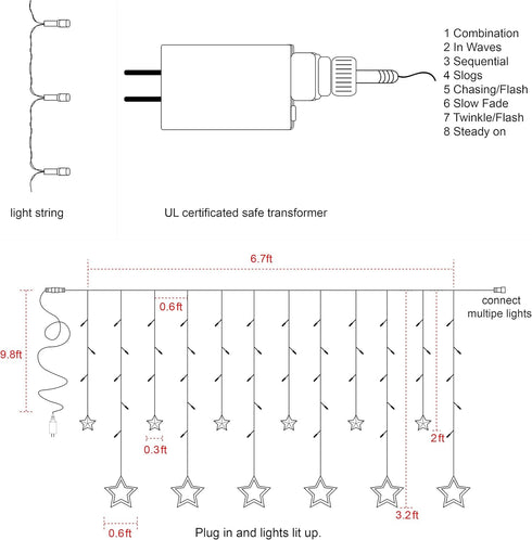 Twinkle Star 12 Stars LED Curtain String Lights - 138 Warm White, 8 Flashing Modes for Christmas, Wedding, Party