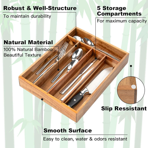 Silverware Organizer Acacia, Kitchen Drawer Organizer, Cutlery Holder with 5 Slots for Flatware Storage in Drawer