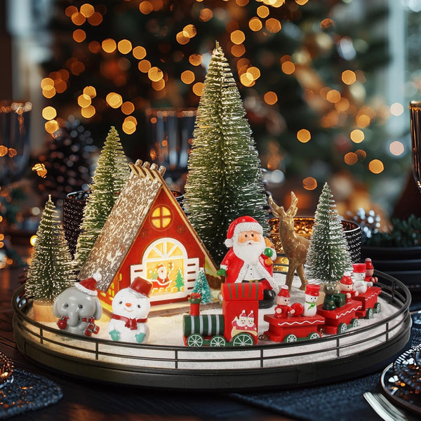 Oroyutor 12 Pcs Christmas Village Set - 13" Oak Wooden Lazy Susan