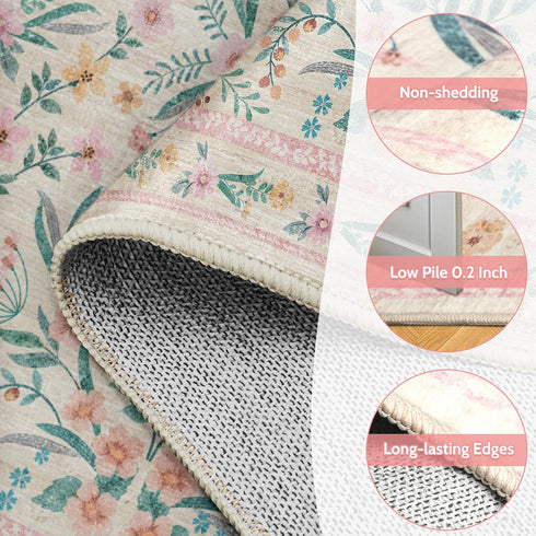 5x8 Pink Boho Rug with Rounded Corners Washable Floral Pastel Non-Slip Area Rug for Nursery, Girls Bedroom, Kids Room