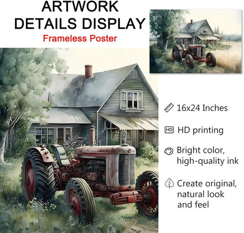 Farmhouse Canvas Wall Art, Old Tractor Pictures, Rustic Barn Prints for Country House 16x24in