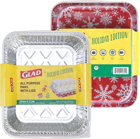 Glad Disposable Aluminum All-Purpose Pans in Red & White Snowflake Pattern, 2ct with Lids, Durable Foil Steam Pans