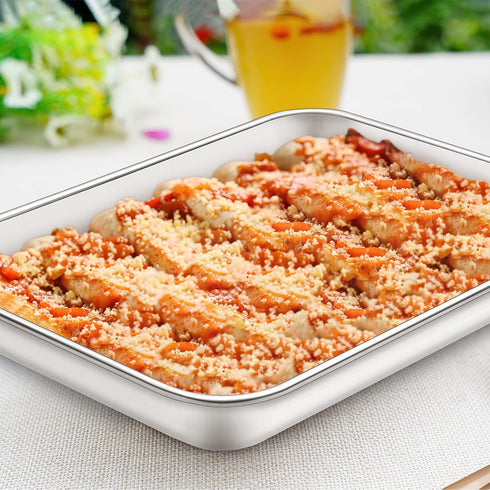 Baking Sheet with Silicone Mat Set of 4, Deedro Stainless Steel Cookie Sheet with Non-Toxic Baking Mats.