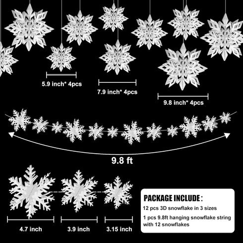 12PCS Snowflake Christmas Decorations, 3D Large Silver Paper Snowflakes Garland for Winter Wonderland Christmas Party