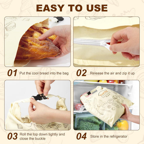 2 Packs BuyCard Bread Bag Reusable Beeswax Food Storage Bag, Natural Cotton with Bread Pattern Design, Zipper Reusable