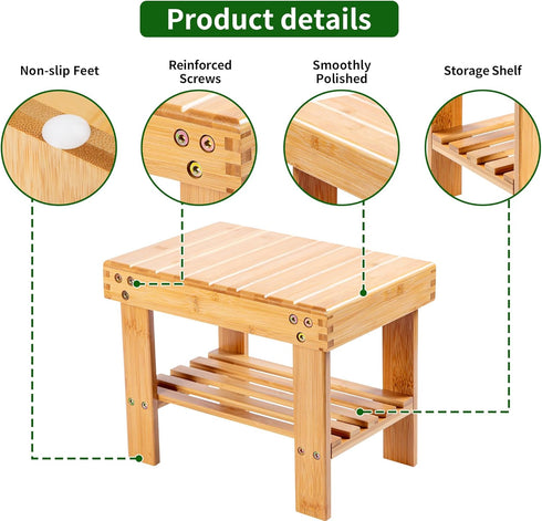 VaeFae Bamboo Small Seat Stool for Kids, Foot Rest Shaving Stool,Storage Shelf, Durable Lightweight and Anti Slip