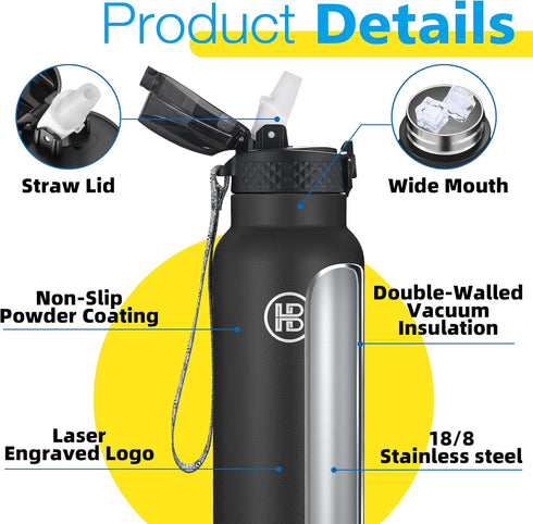 han's bottle 32 Oz, Sports Water Bottle - Straw Lid, Leak Proof, Vacuum Insulated Stainless Steel, Double Walled