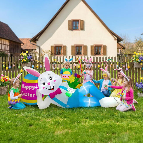 8FT OurWarm Easter Inflatables Outdoor Decorations, Lying Inflatable Easter Bunny Decor with Egg, Easter Blow Up Yard