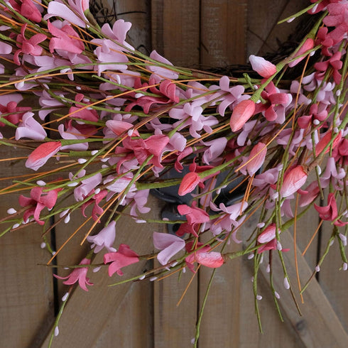 Bibelot 18inch Artificial Forsythia Flower Wreath, Pink, All Year Around Wreath for Front Door, Wedding Home Decor