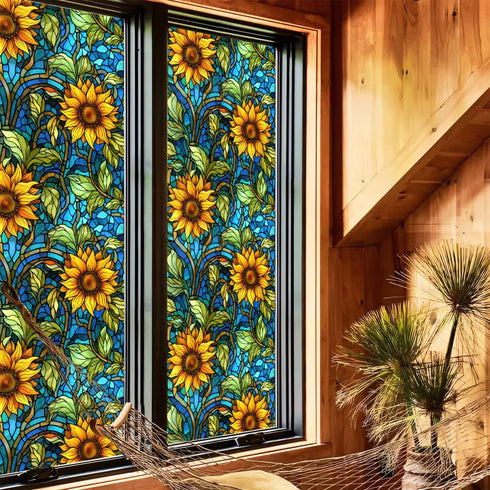 Sunflower Stained Glass Window Film, Non Adhesive Privacy Film for Bathroom Shower Door, Heat Anti UV, 17.7"x39.5"