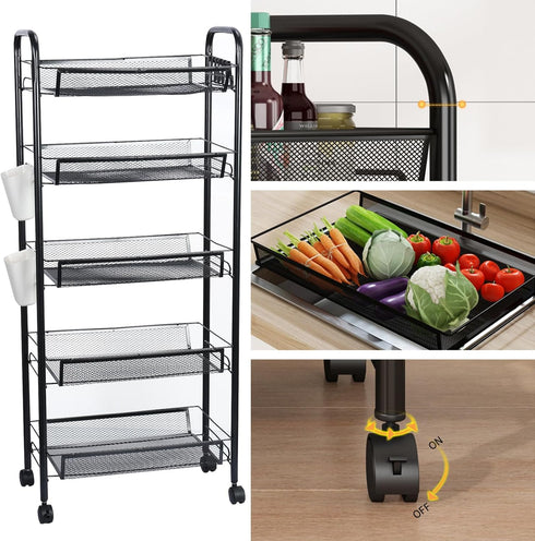 HOVTOIL 5 Fruit Vegetable Storage Basket with Rolling Wheels, Tier Stackable Metal Mesh Storage Basket, Fruit
