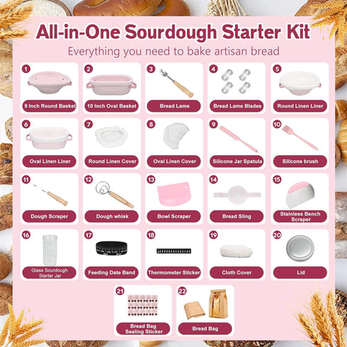 2 Sourdough Starter Kit with Proofing Baskets (Oval & Round) & Sourdough Starter Jar, Complete Sourdough Bread Baking