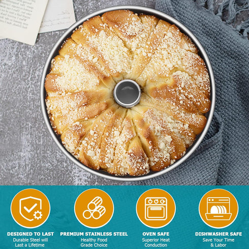 E-far 10-Inch Angel Food Cake Pan - Stainless Steel Tube Pan for Baking Pound Chiffon Cake, Dishwasher Safe