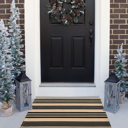 Black and Khaki Striped Outdoor Rug 24"x35", Cotton Hand-Woven Foldable Mat, Washable Reversible Door Mats for Entryway
