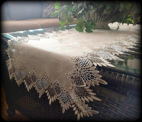 Lace Table Runner, 54" Dresser Scarf in Neutral Earth Tones, European Lace Design