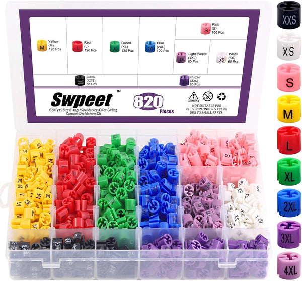 Swpeet 820Pcs 9 Common Sizes Plastic Hanger Size Markers Assortment Kit, XXS -