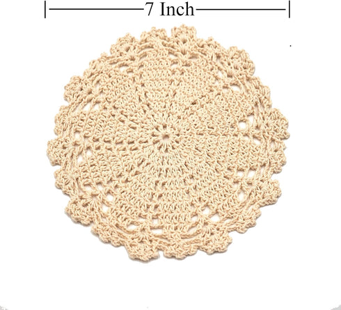 Phantomon 7 Inch Doilies - Handmade Round Crochet Cotton Lace Placemats, Pack of 4 (Beige)