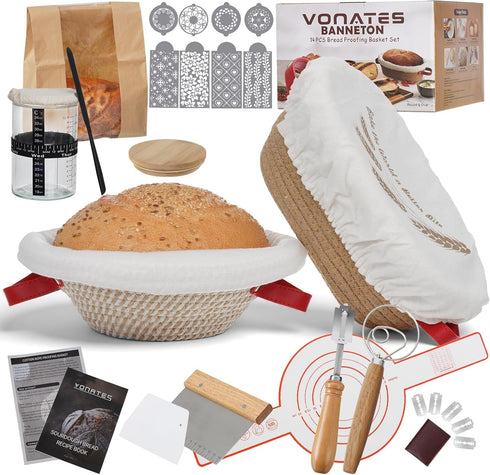 VONATES Sourdough Bread Baking Supplies, Sourdough Starter Kit, Cotton Rope Banneton Bread Proofing