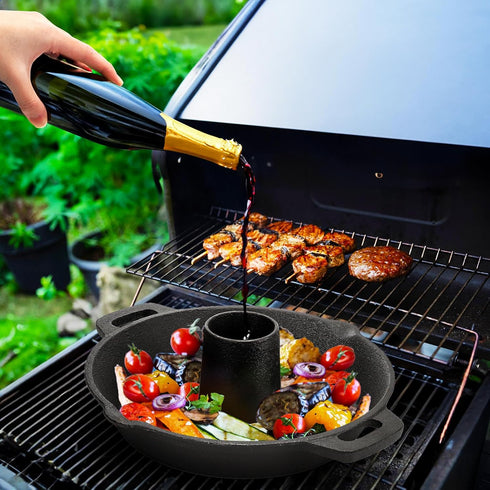 Cast Iron Chicken Roaster, Beer Can Chicken Holder Turkey Fryer with Roasting Pan, Poultry Roaster Stand Barbecue