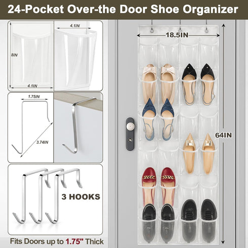 24 Closet, Over the Door Shoe Organizer with Crystal Clear Pockets and Metal Hooks Heavy Duty Hanging Shoe Storage Rack