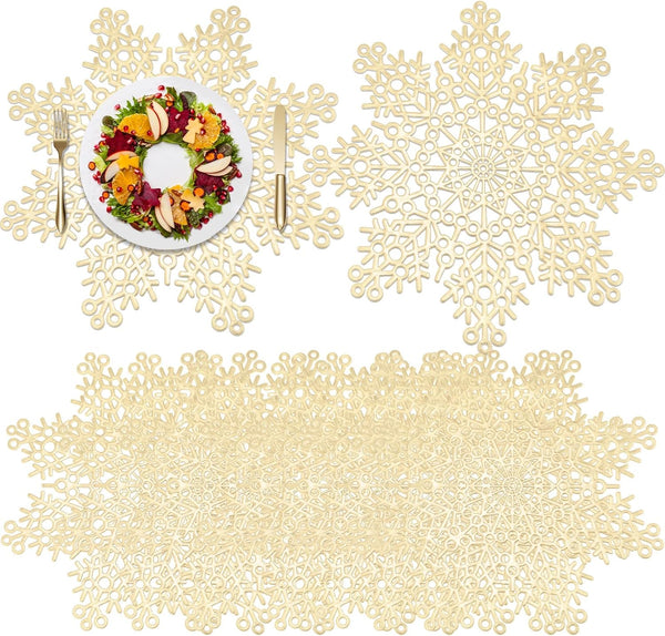Snowflake Placemat Set 15 Inch Pressed Vinyl Metallic Christmas Washable Heat Resistant
