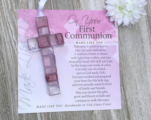First Communion Gift for Girl, Handmade in USA Pink Mosaic Glass Cross with Sentiment