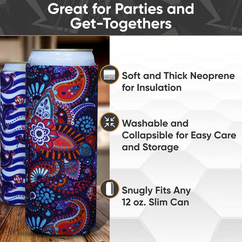 Baxendale Set of 6 Tall Can Sleeves for Slim and Tall Beer Cans, 12oz Insulated Cooler Sleeves, Compatible with