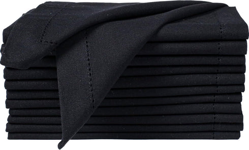 Cloth Napkins Set of 12, Cotton Dinner Napkins, Hemstitched Wedding Napkins, Machine Washable 18x18 Jet Black