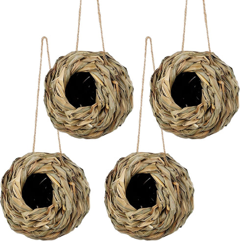 winemana 4 Pack Hanging Bird Nest House for Outside, Hand Woven Ball Shape, Durable Natural Grass for Garden Patio
