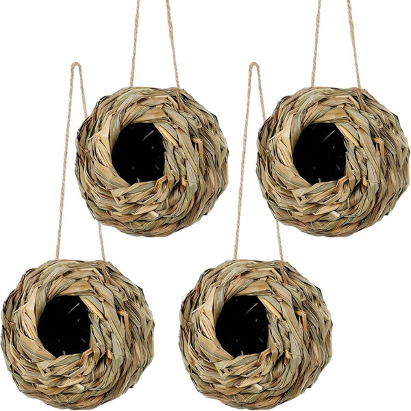 winemana 4 Pack Hanging Bird Nest House for Outside, Hand Woven Ball Shape, Durable Natural Grass for Garden Patio