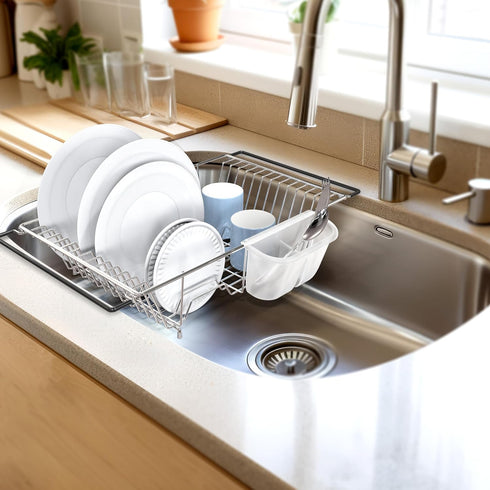 SIMPLE HOUSEWARE Large Stainless Steel Dish Drainer Drying Rack with Utensil Holder, Chrome