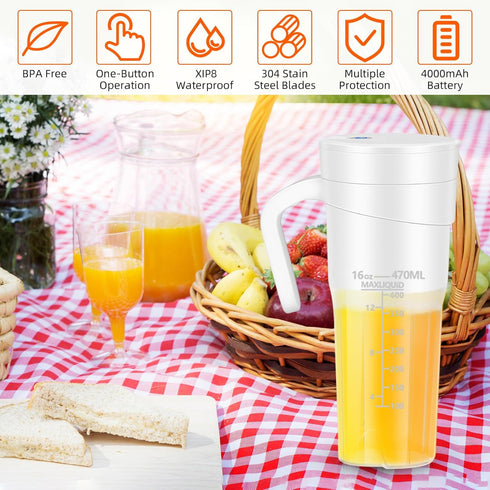 Portable Blender for Shakes and Smoothies, 16 Oz Personal Size Blender with 6 Blades, USB Rechargeable for Travel,