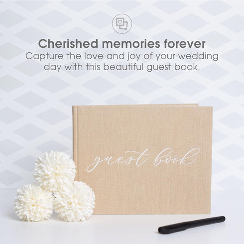 Pearhead Linen Wedding Guest Book with White Script - Classic Elegant Wedding Decor, 100 Pages, 7"x9", Beige Burlap,