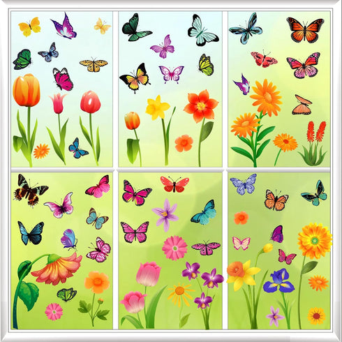 Spring Window Clings, 2024 Summer Decorations for Glass Windows, Flower Butterfly Clings for Home
