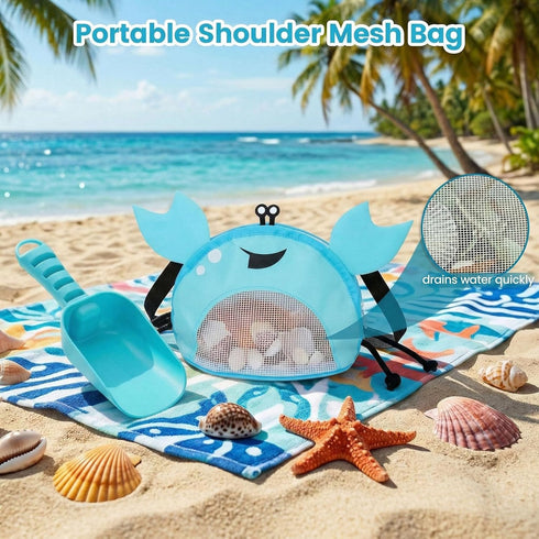 AMOR PRESENT Mesh Baby Beach Bag, Shell Collecting Bag with Shovel Crab-Shaped Adjustable Strap for Holding Shell Sea
