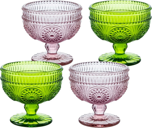 Vintage Flower Embossed Glass Footed Dessert Bowl, Ice Cream, Trifle, Salad, Candy, Cake Bowl for Home Party, 9oz-Pink