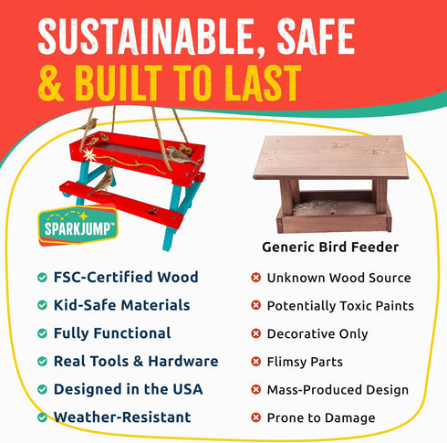 Set, 6+ SparkJump Picnic Table Feeder for Squirrels - DIY Woodworking Project for Kids and Families, Includes Tools